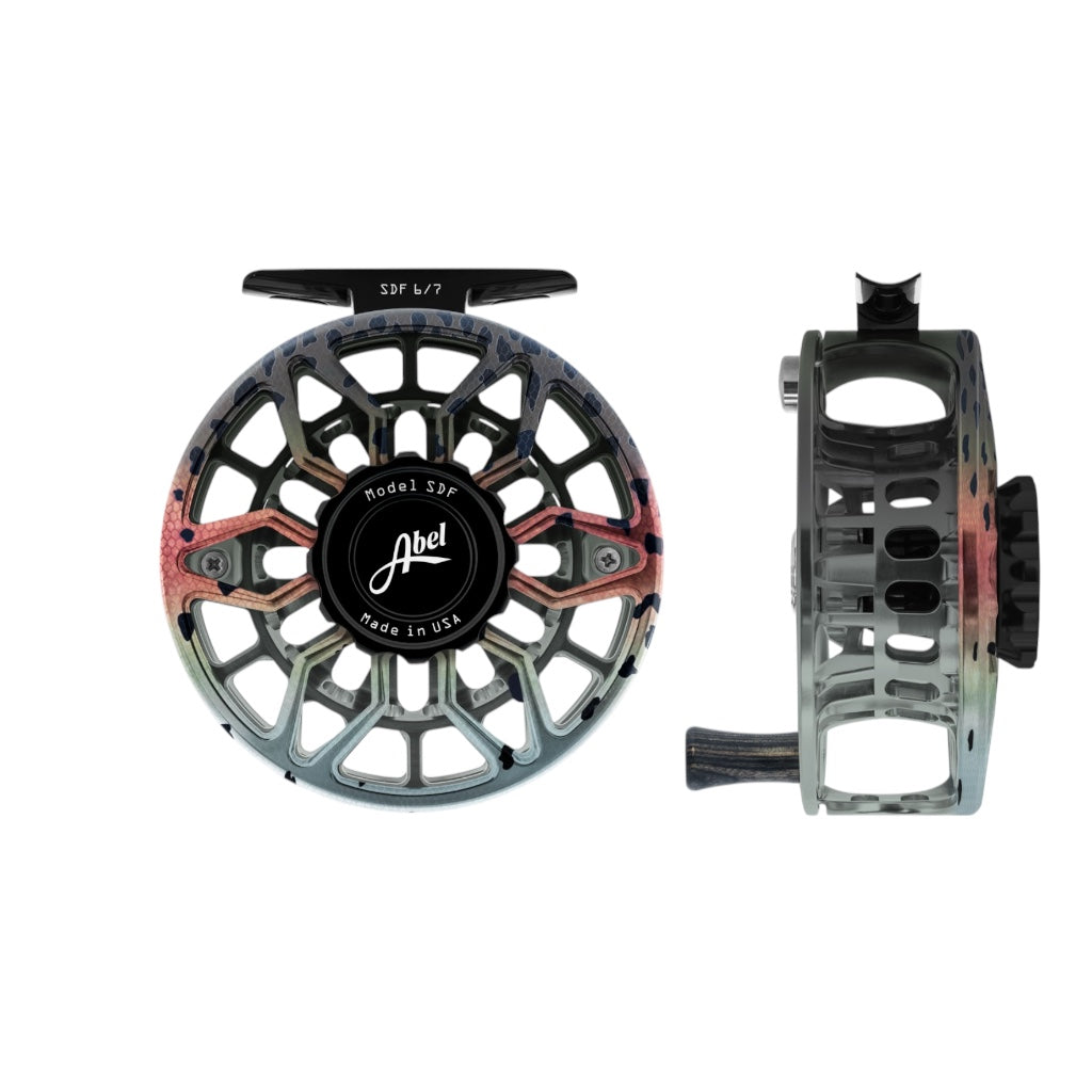 Abel SDF Ported Fly Reel 6/7 wt - Native Rainbow Trout with Black Drag Knob