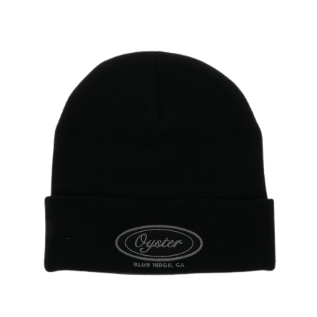 cuffed black beanie with oyster bamboo fly rod logo