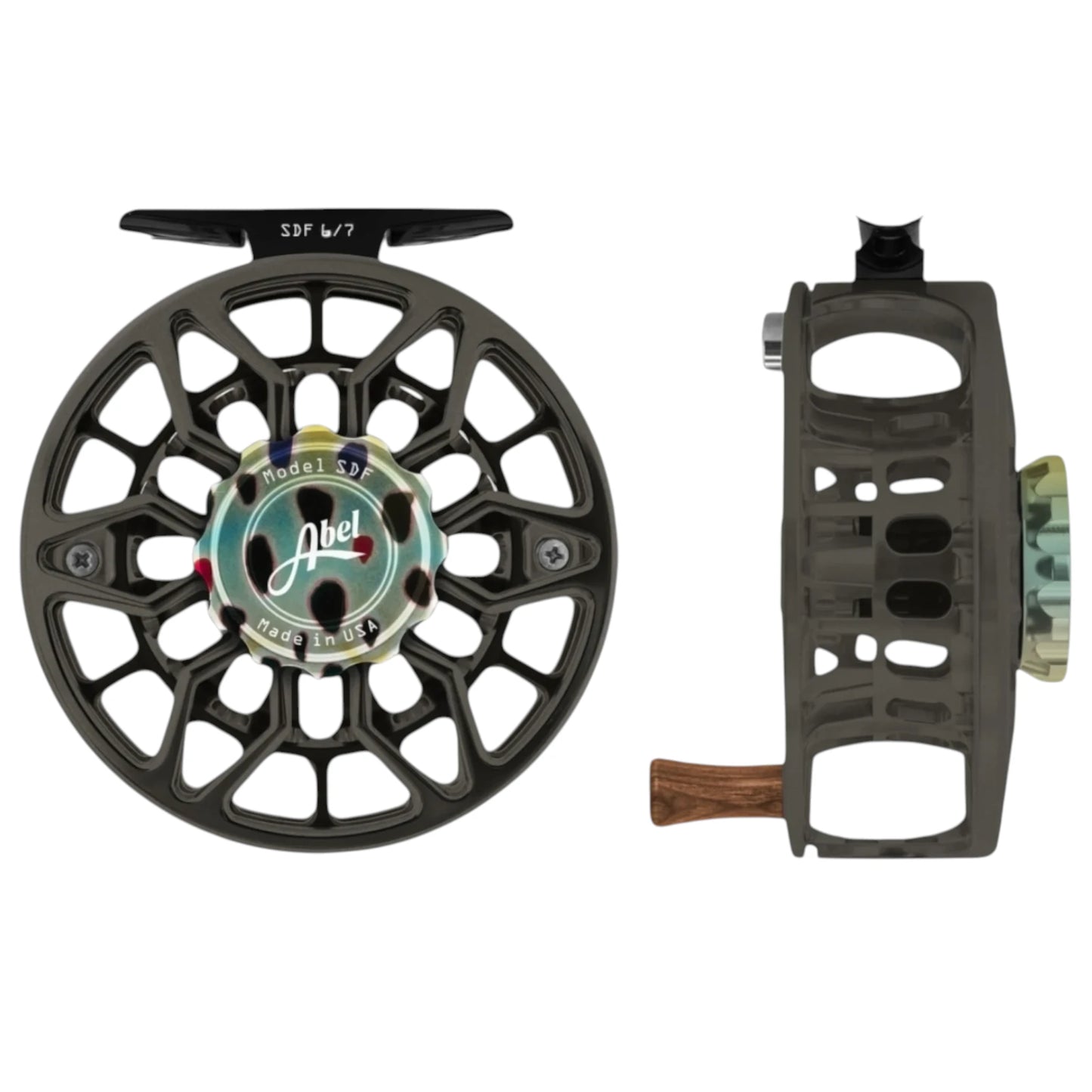 Abel SDF Ported Fly Reel 6/7 wt - Slate Grey with Native Brown Trout Drag Knob