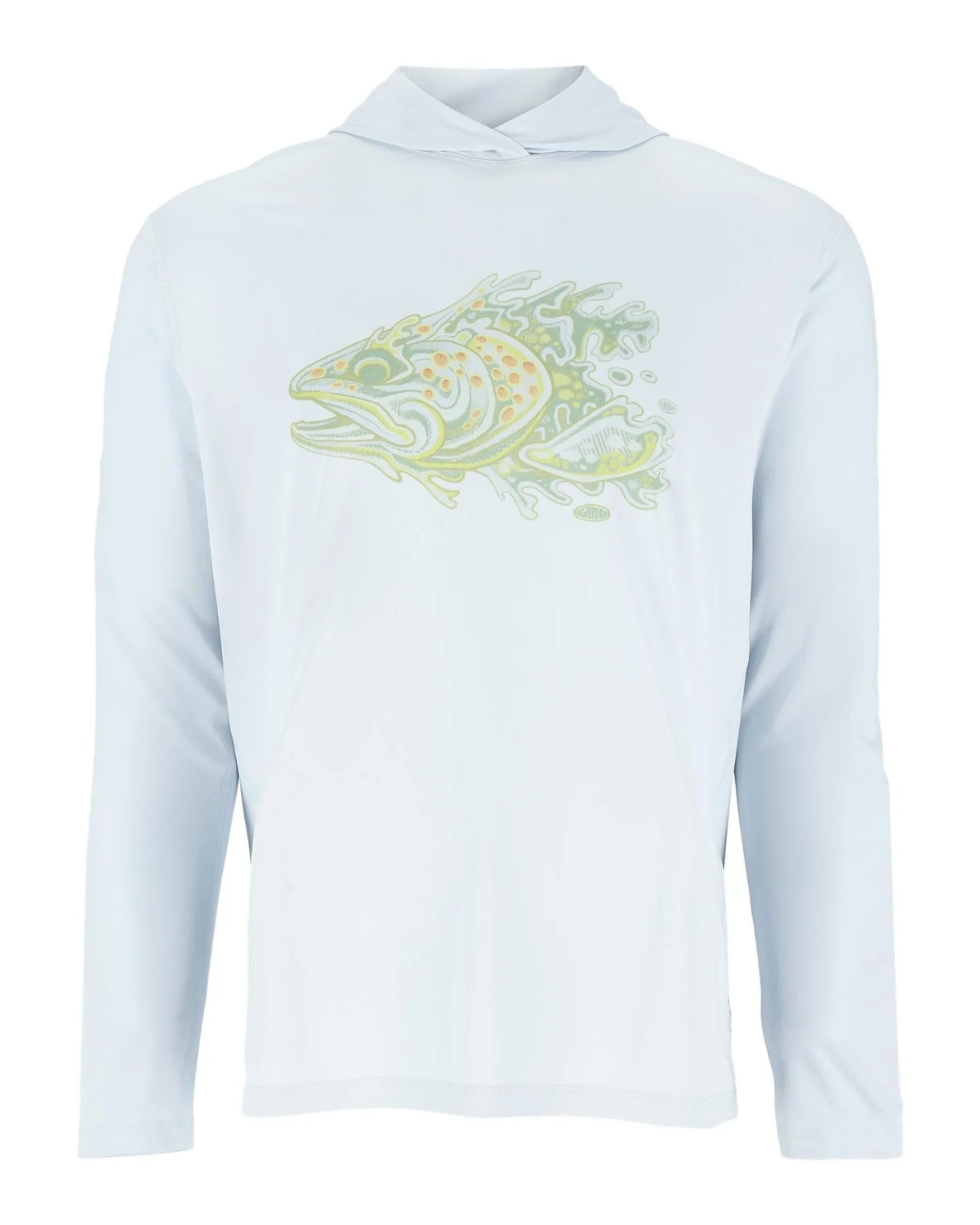 Simms Tech hoody Artist Edition in bimini blue featuring green trout head.