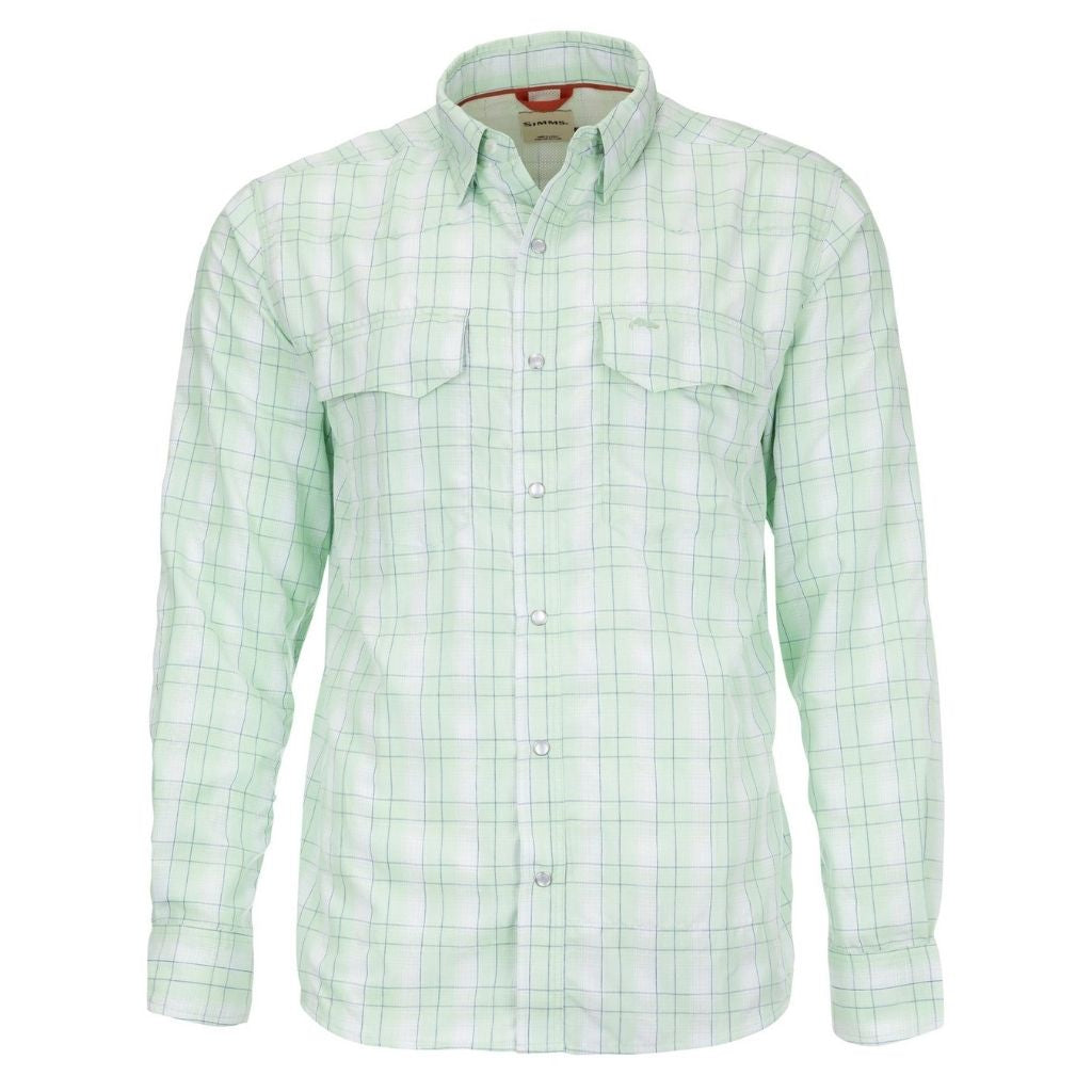 Simms Big sky long sleeve light green/nightfall plaid shirt sold at oyster bamboo fly rods