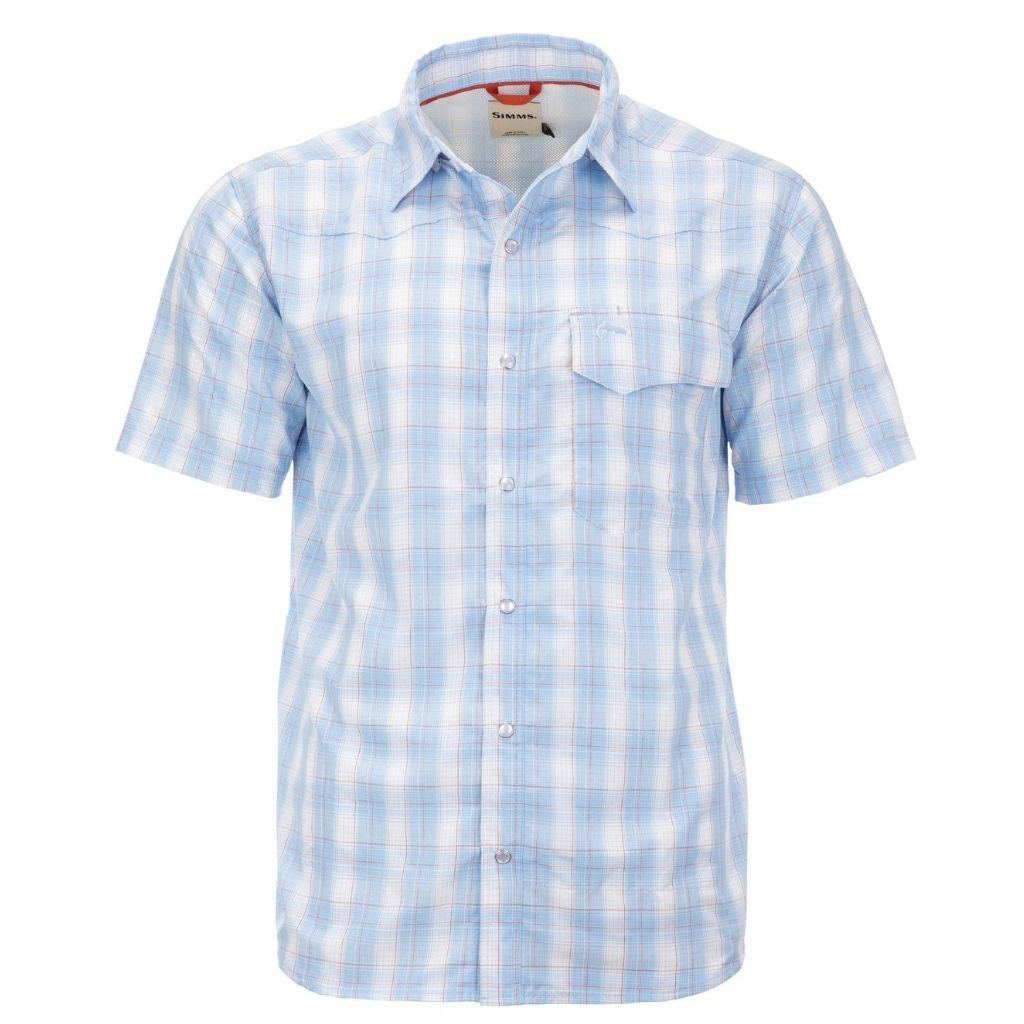 Simms Big Sky Short Sleeve Shirt: Sky/Flame Plaid With Oyster Logo