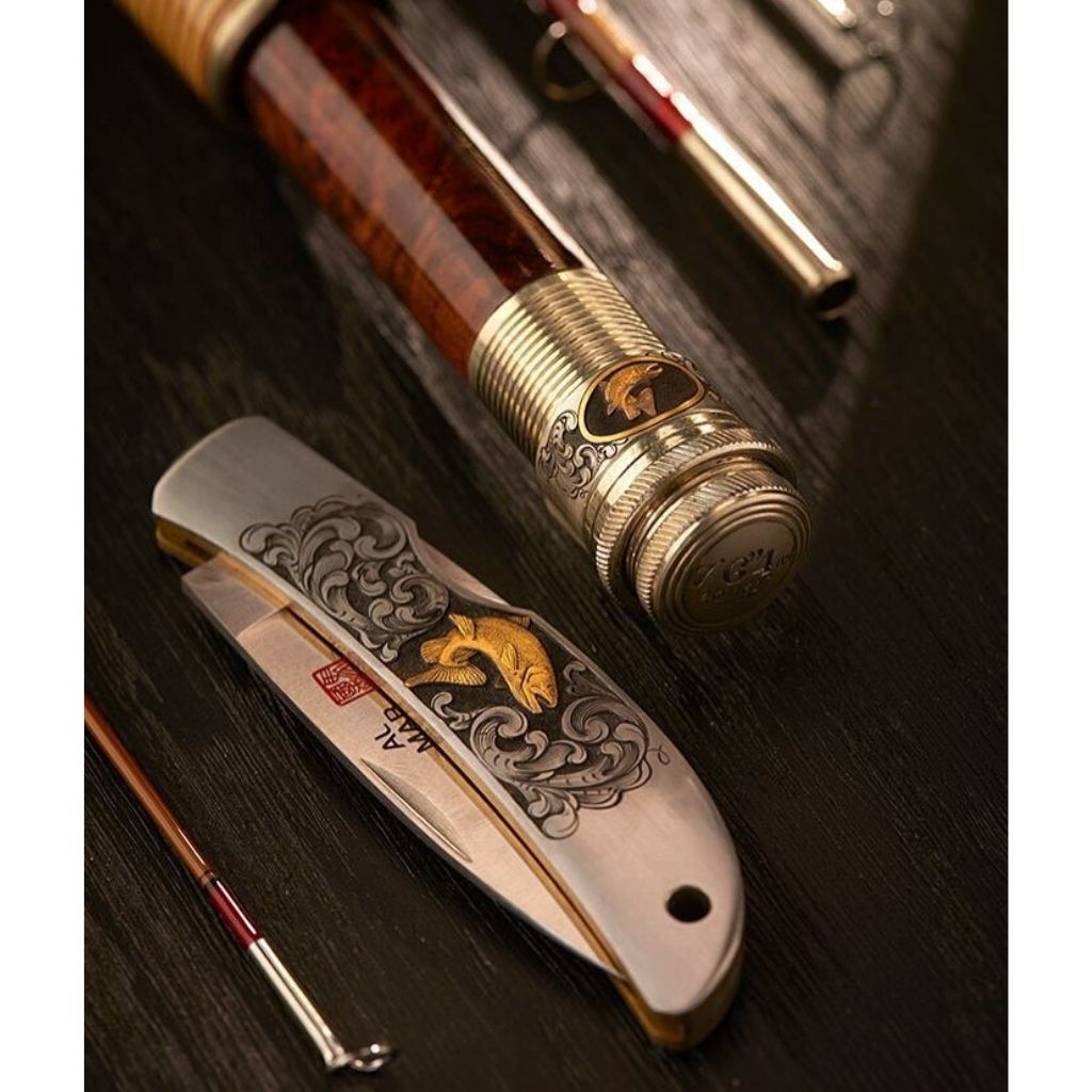 matching oyster bamboo fly rod and al mar knife hand engraved by bill oyster