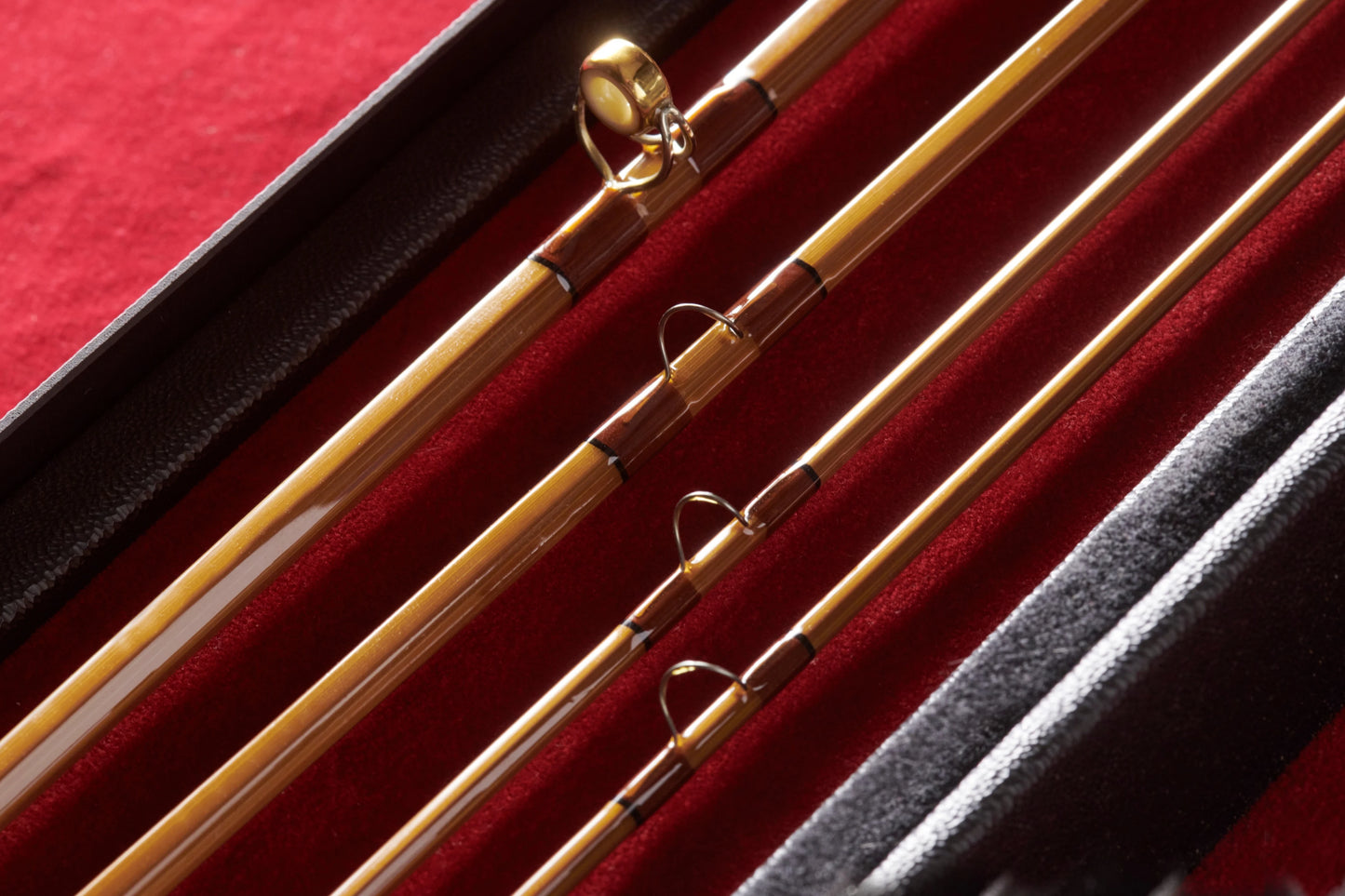 8' 5wt bamboo fly rod with gold tipped ferrules from Oyster Bamboo. 
