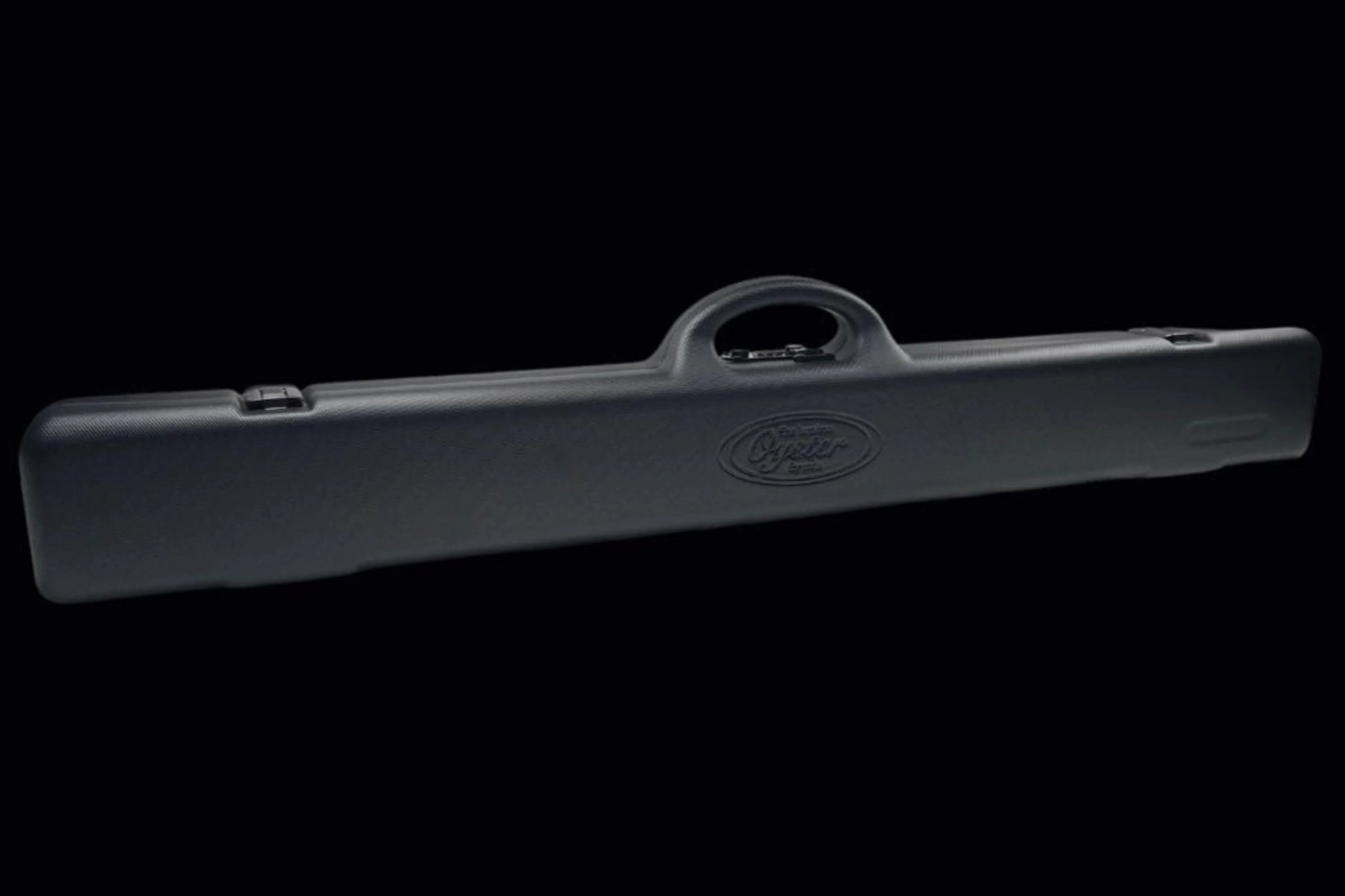 Fly rod black ABS carry case with Oyster Bamboo branding. 