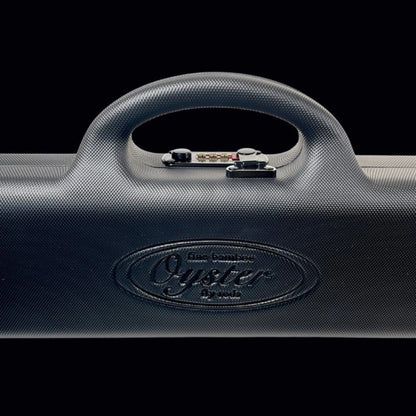 Fly rod black ABS carry case with lock and Oyster Bamboo branding. 