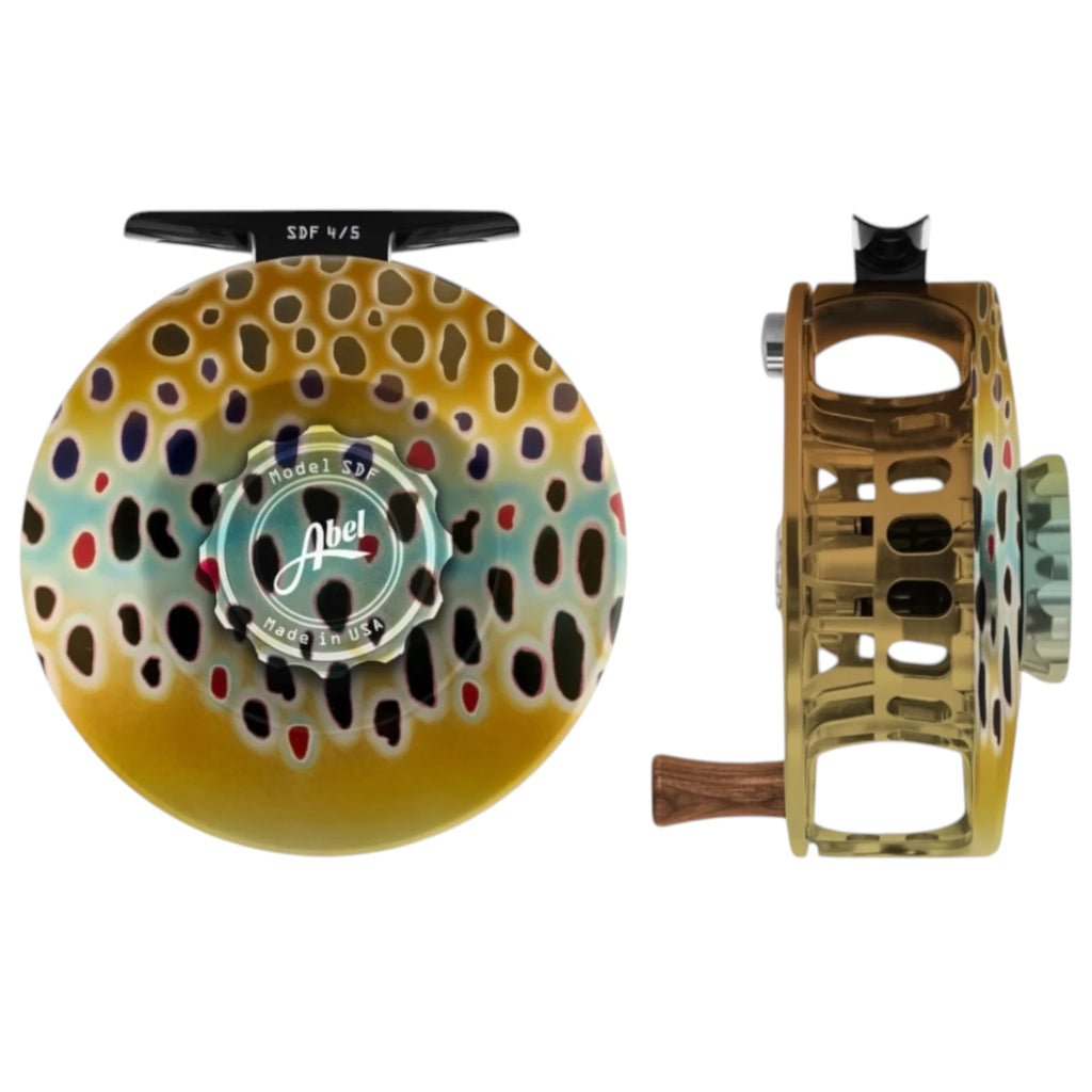 Abel SDF 4/5 weight fly fishing reel with solid native brown trout frame.