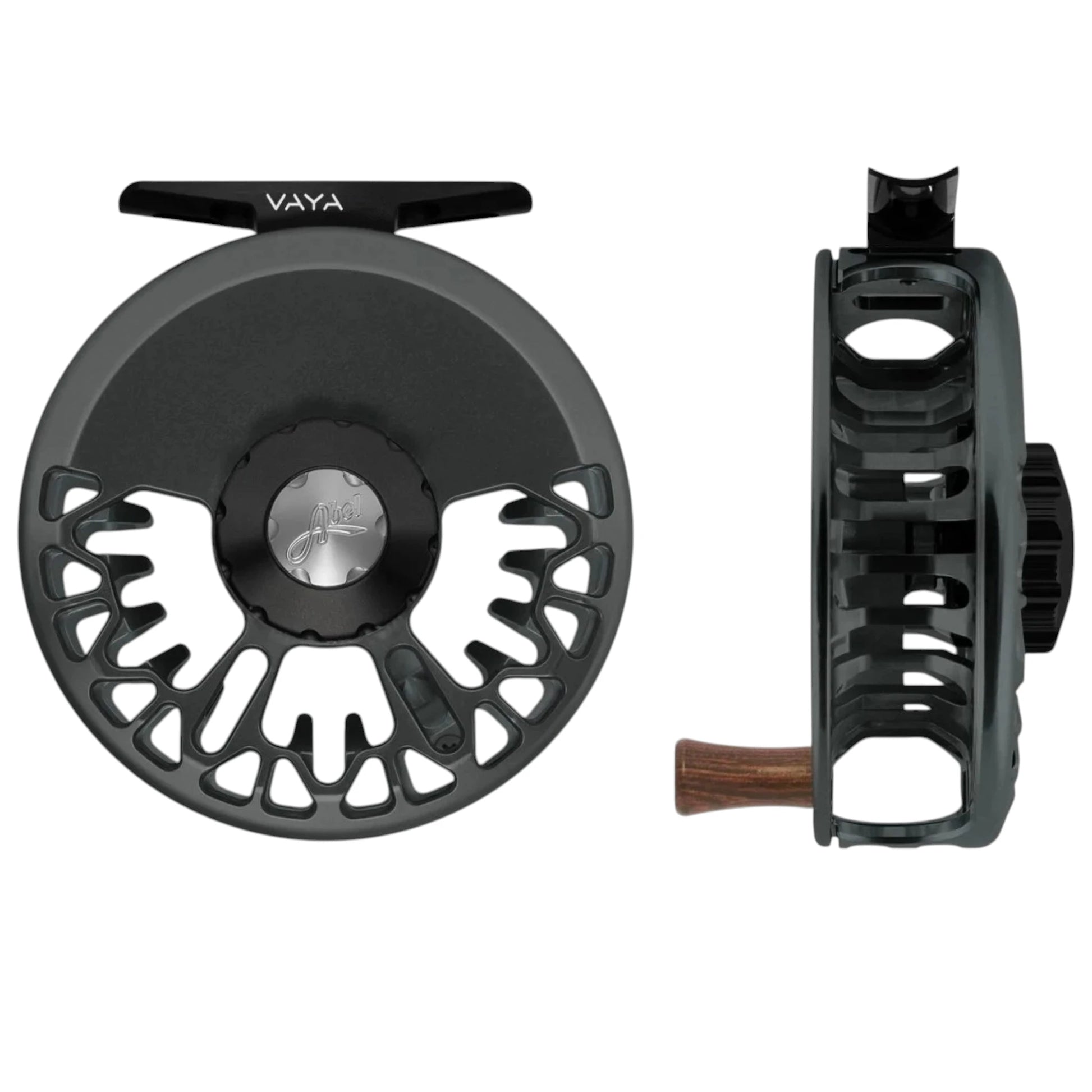 Abel Vaya 7/8 weight fly fishing reel with ported, slate gray frame and drag knob with silver accent.  