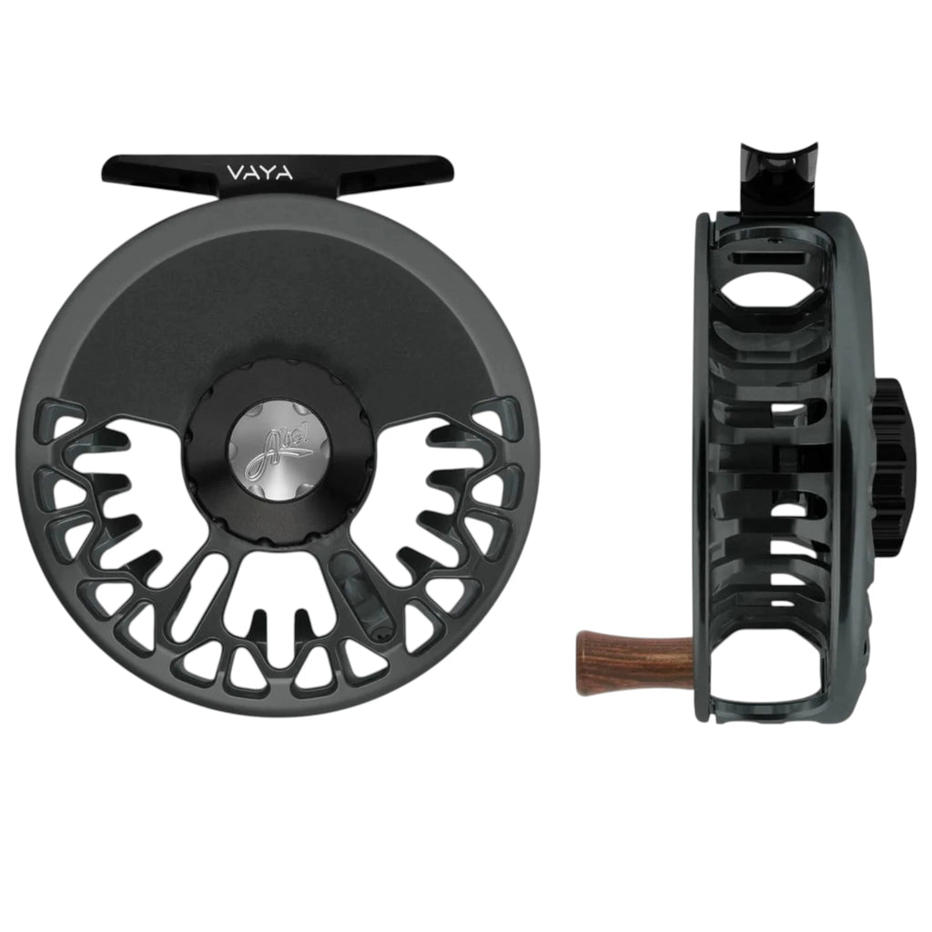 Abel Vaya 7/8 weight fly fishing reel with ported, slate gray frame and drag knob with silver accent.  