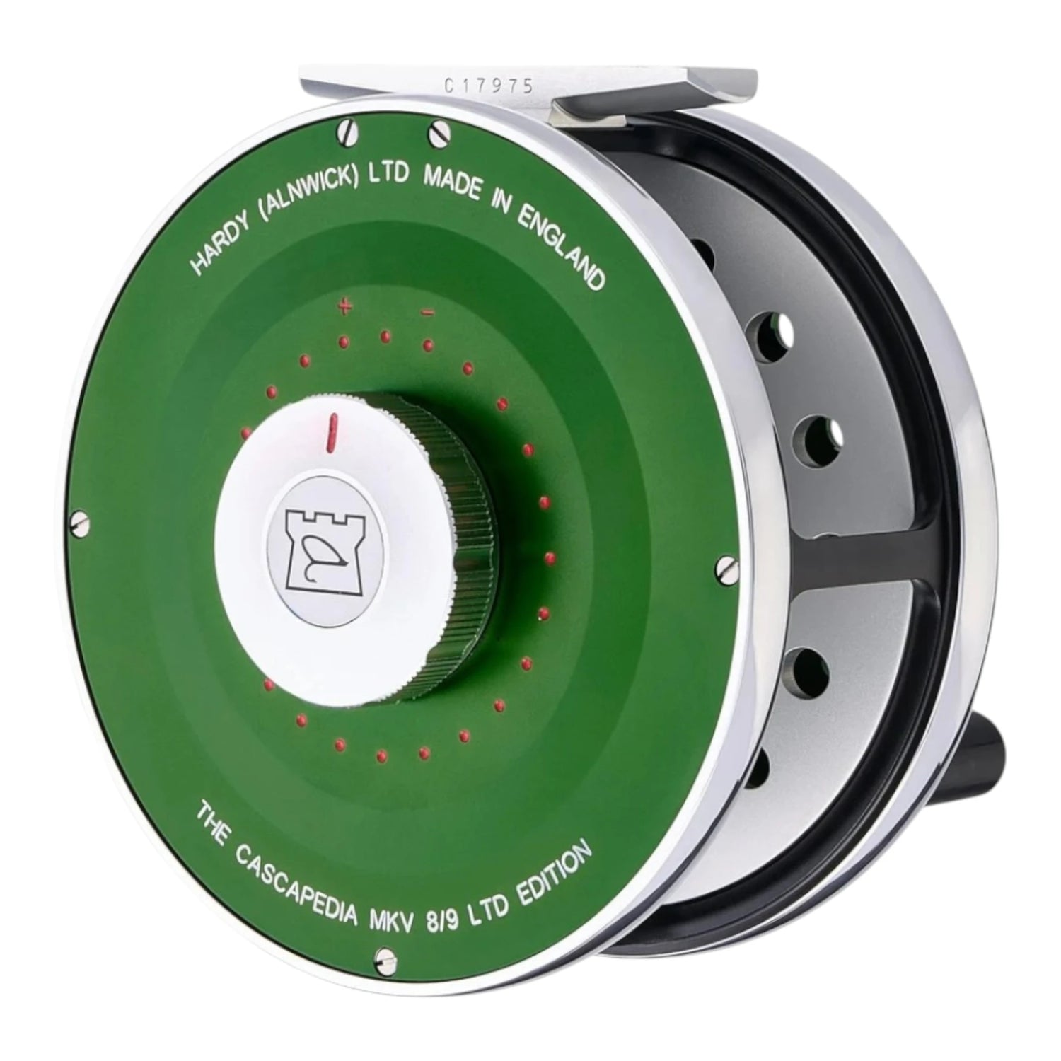 Hardy Cascapedia MKV 8/9 weight limited edition fly fishing reel with green face, silver frame, and red accents.