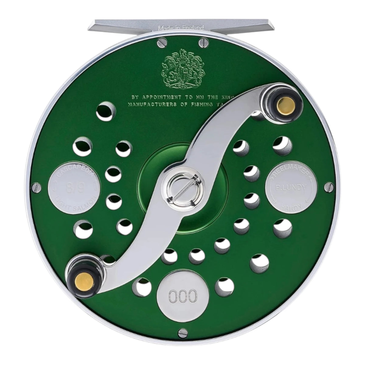 Hardy Cascapedia MKV 8/9 weight limited edition fly fishing reel in green with silver and gold accents and an S-shaped handle.
