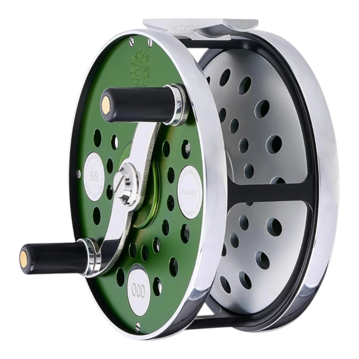 The Hardy Cascapedia MKV 8/9 weight fly fishing reel. Limited edition reel with green face, silver frame, and black handles.
