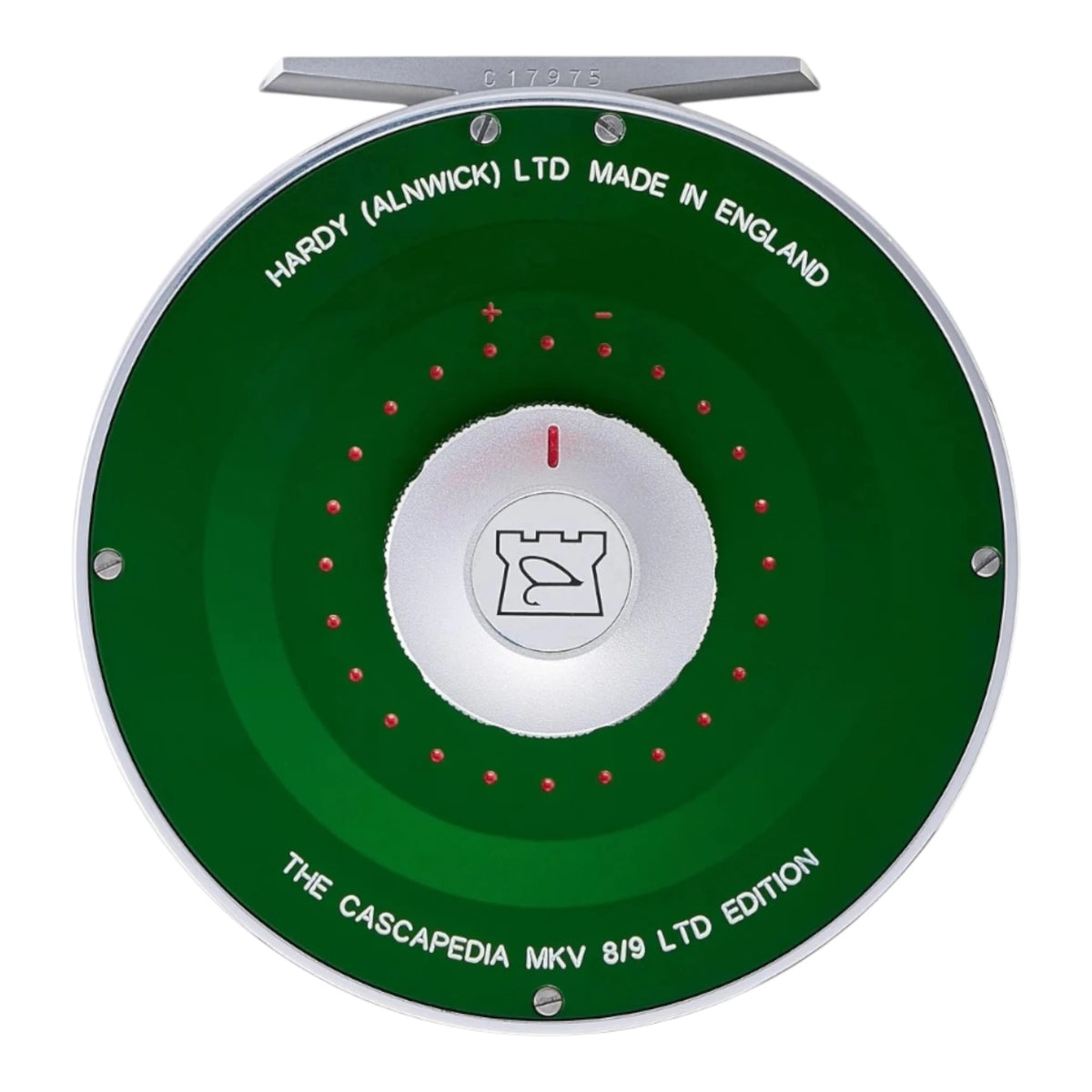 Hardy Cascapedia MKV 8/9 limited edition fly fishing reel with green face and red accents.