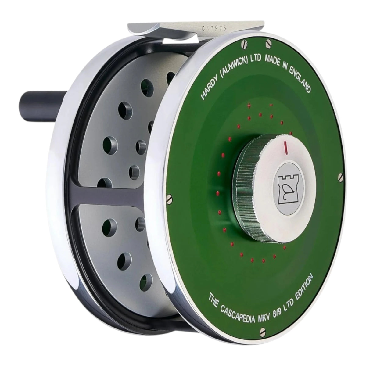 Hardy Cascapedia MKV 8/9 weight limited edition fly fishing reel with green face, silver drag knob, and red accents.