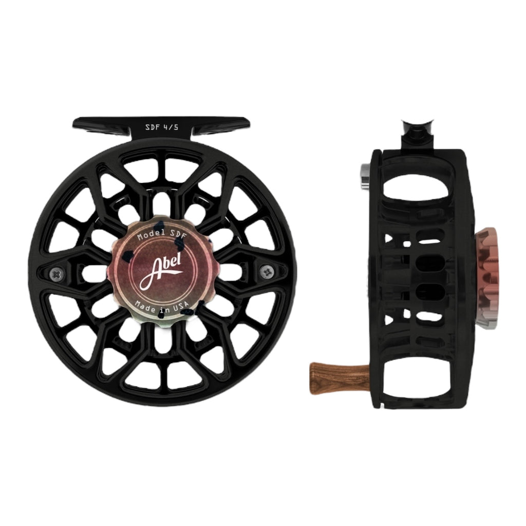 Abel SDF 4/5 ported satin black with native rainbow trout drag