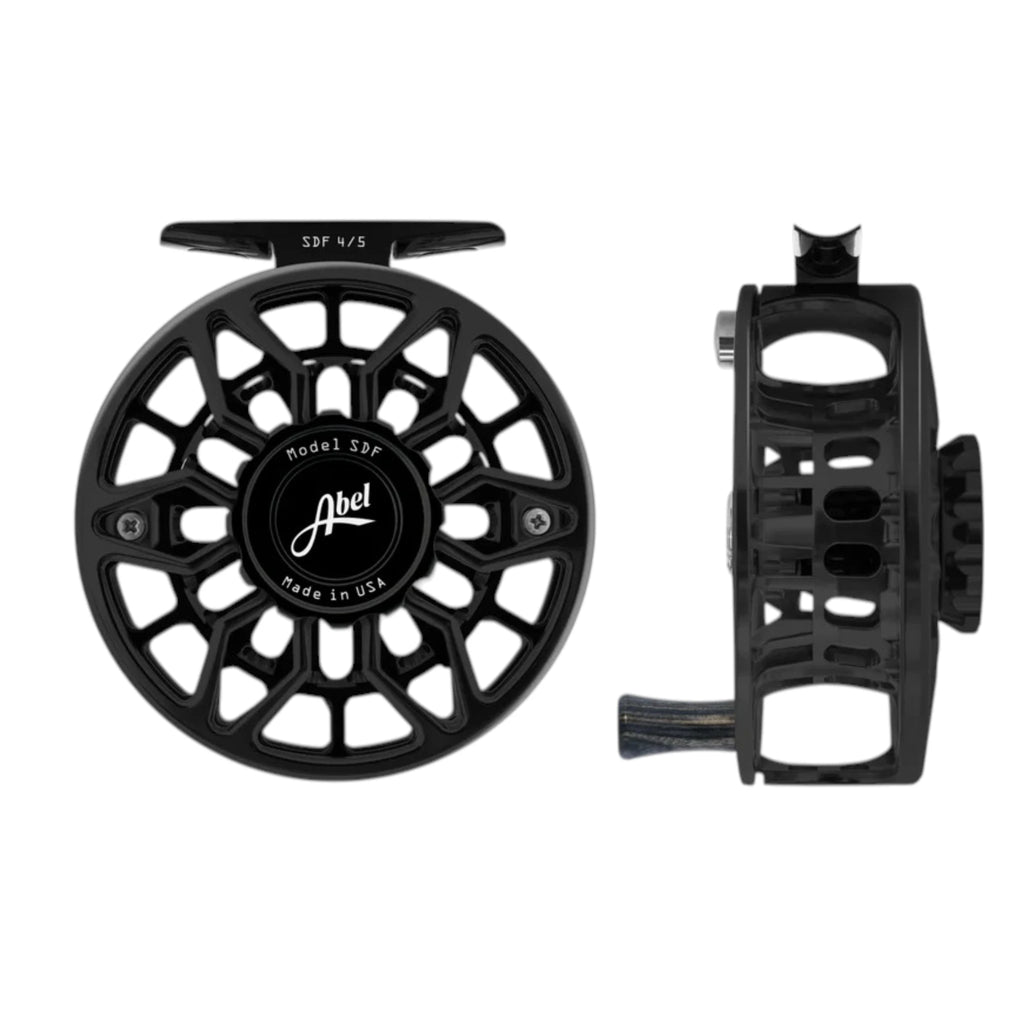 Abel SDF 4/5 weight fly fishing reel with ported, black frame and black drag knob.