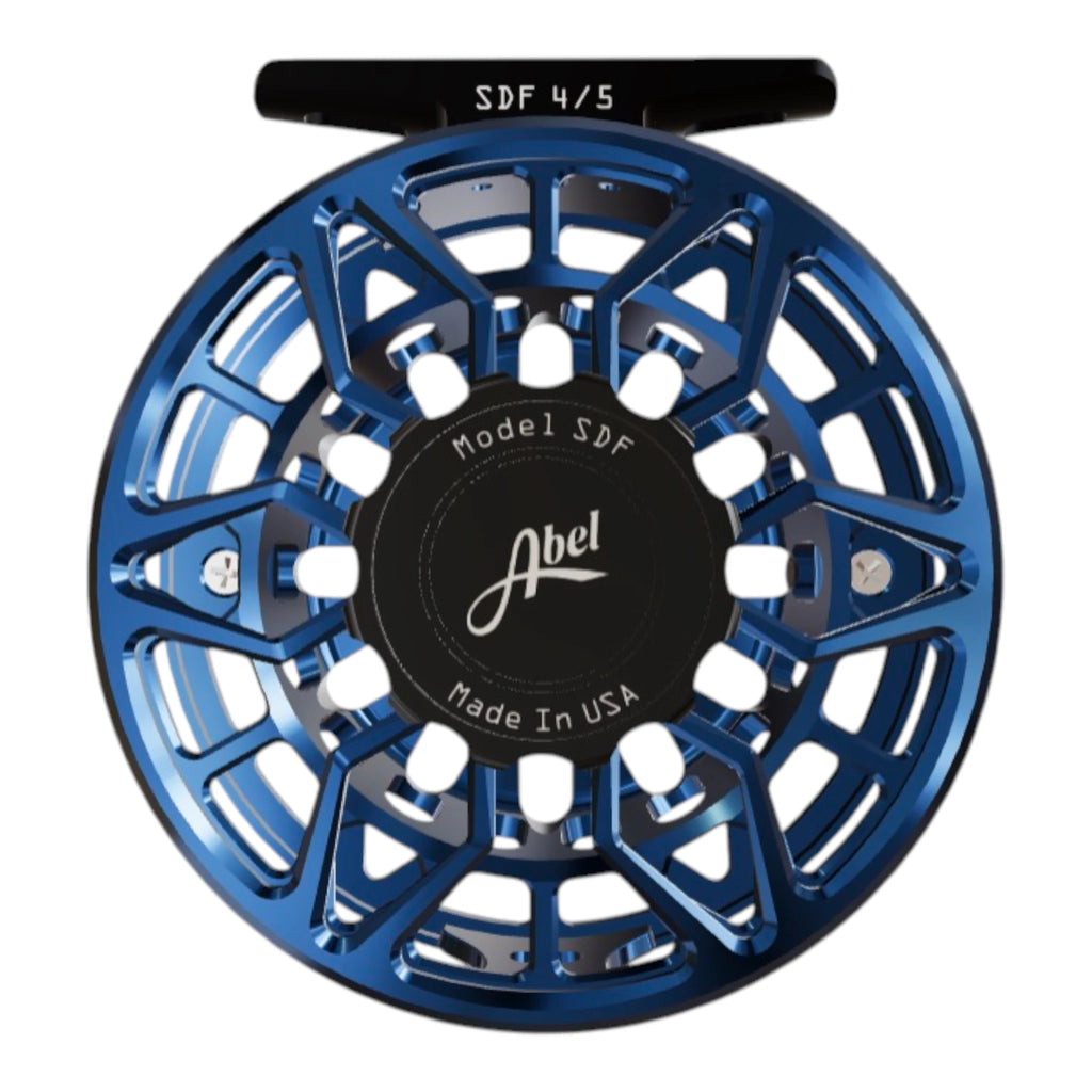 Abel SDF 4/5 weight fly fishing reel with deep blue, ported frame and black drag knob. 