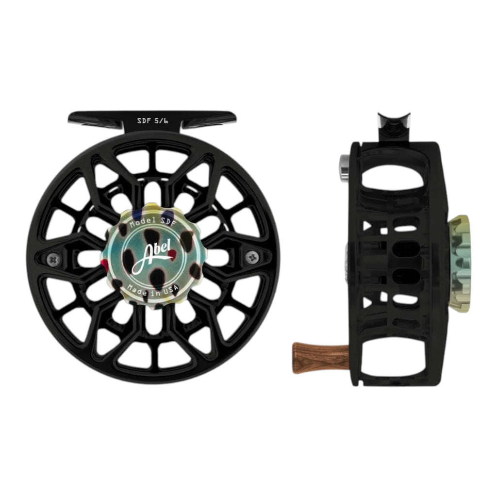 Abel SDF 5/6 weight fly fishing reel with ported, satin black frame and native brown trout drag knob.