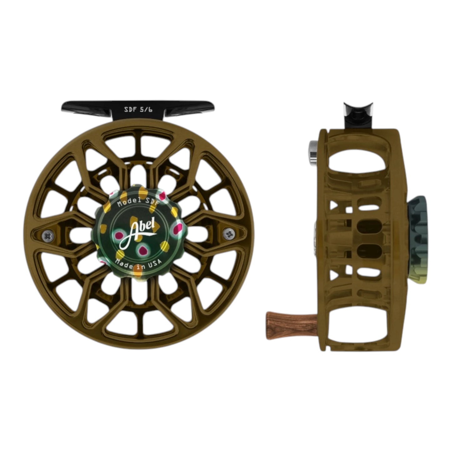 Abel SDF Fly Reel 5/6wt – Satin Dark Olive, Native Brook Trout Drag Knob, Ported – Sealed Drag Freshwater Reel