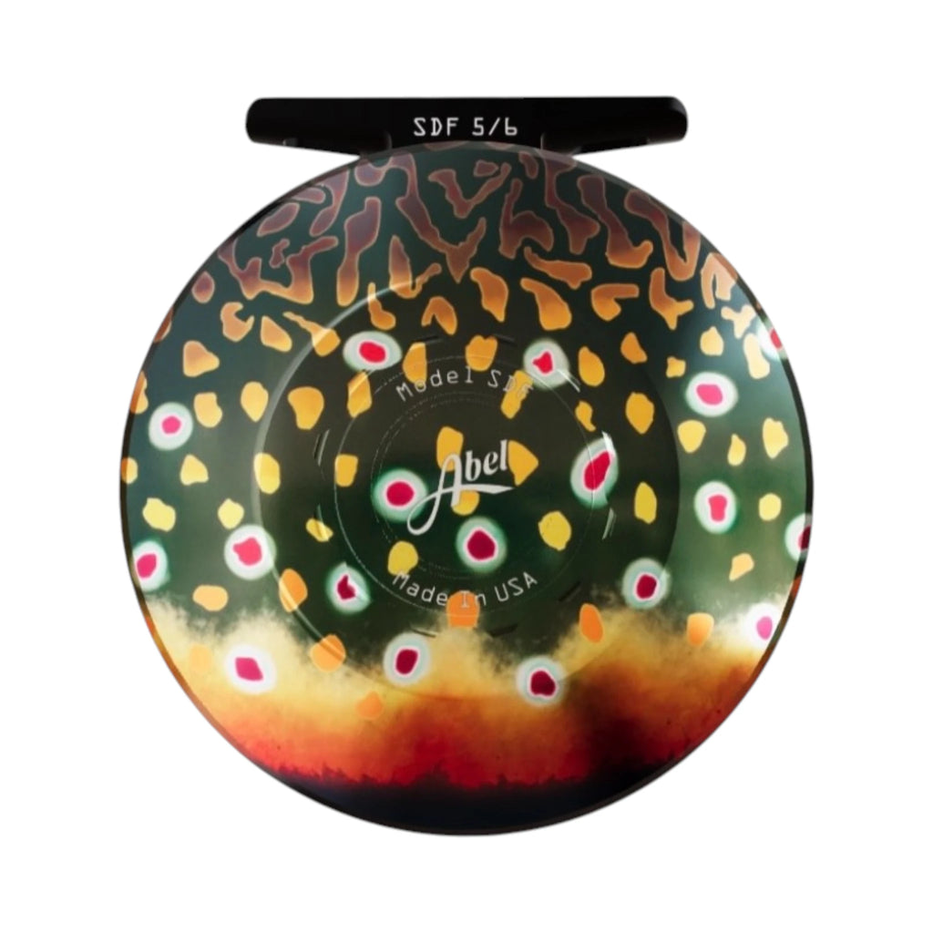 Abel SDF 5/6 weight fly fishing reel with solid, native brook trout frame. 