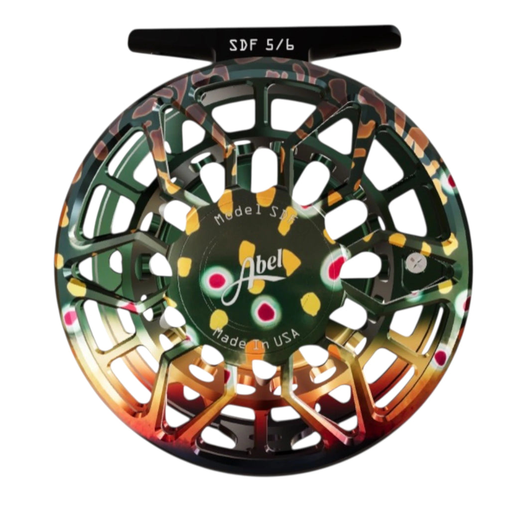 Abel SDF 5/6 weight fly fishing reel with ported, native brook trout frame.