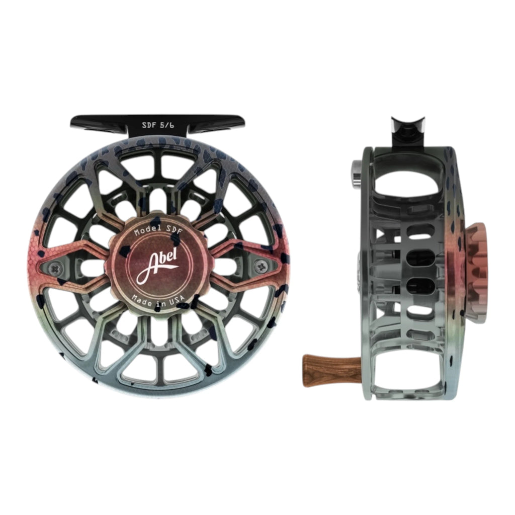 Abel SDF 5/6 weight fly fishing reel with ported frame and native rainbow trout print finish. 