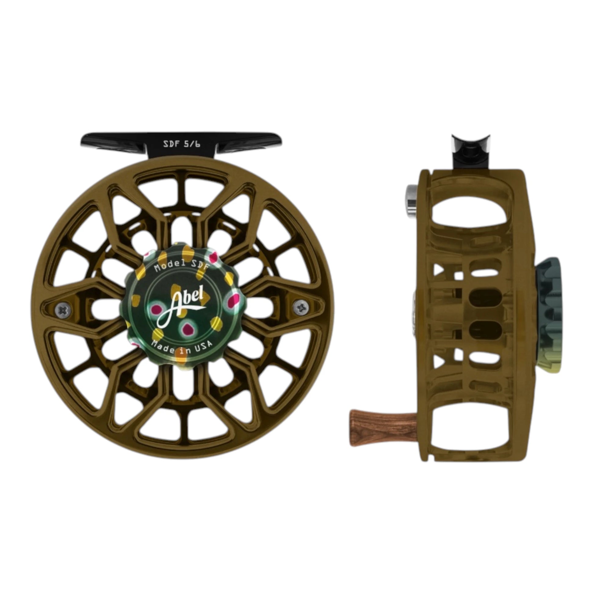 Abel SDF 5/6 weight fly fishing reel with dark olive brown, ported frame and native brook trout drag knob. 