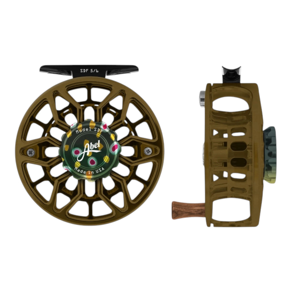 Abel SDF 5/6 weight fly fishing reel with dark olive brown, ported frame and native brook trout drag knob. 