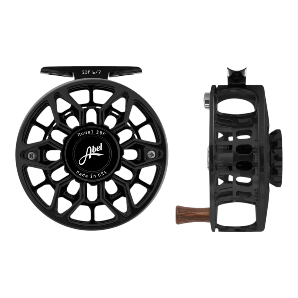 Abel SDF 6/7 weight fly fishing reel with ported, black frame and wood handle. 