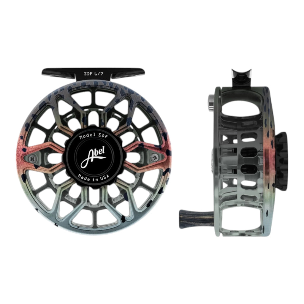 Abel SDF Ported Fly Reel 6/7 wt - Native Rainbow Trout with Black Drag Knob