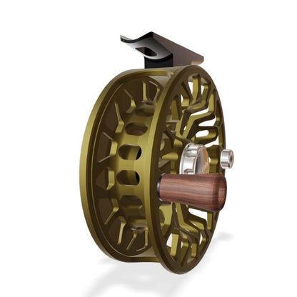 Abel SDF 6/7 weight fly fishing reel with a ported spool and dark olive frame with native brook trout drag knob. 