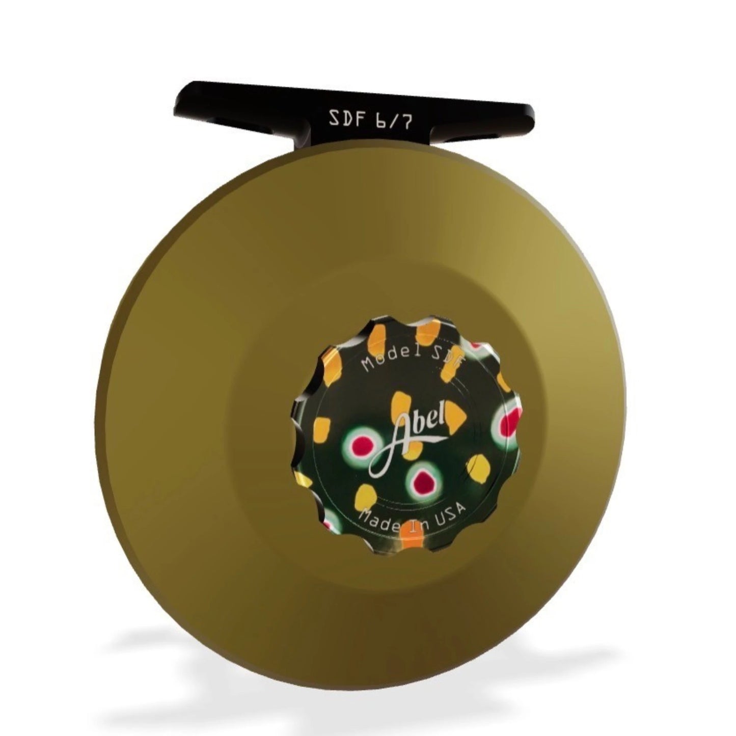 Abel SDF 6/7 weight fly fishing reel with a sealed dark olive frame and native brook trout drag knob. 