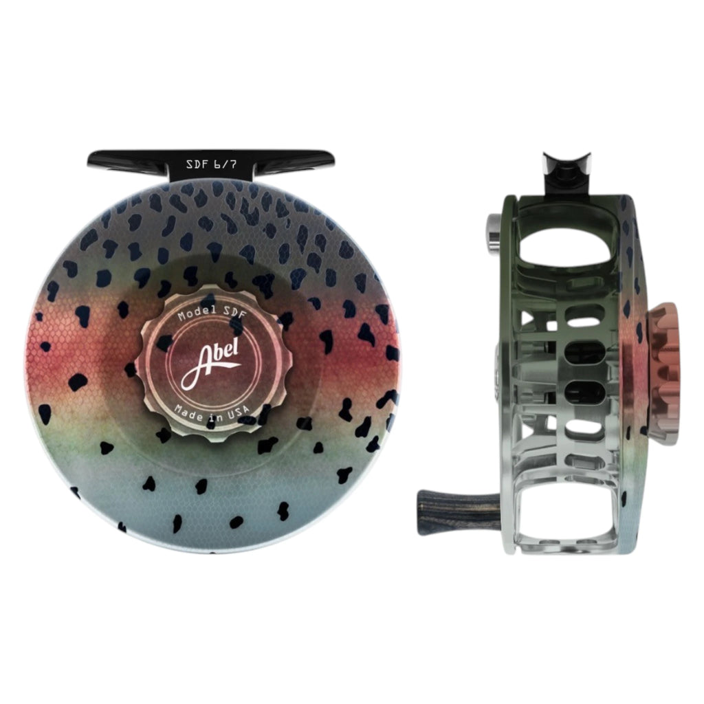 Abel SDF 6/7 weight fly fishing reel with solid, native rainbow trout print frame drag knob.