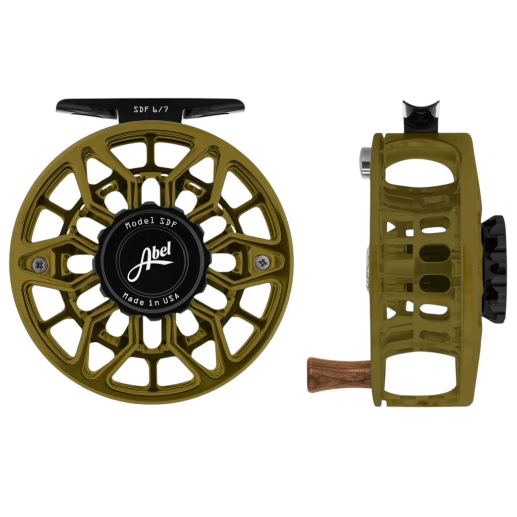 Abel SDF 6/7 weight fly fishing reel with satin dark olive, ported frame and black drag knob.