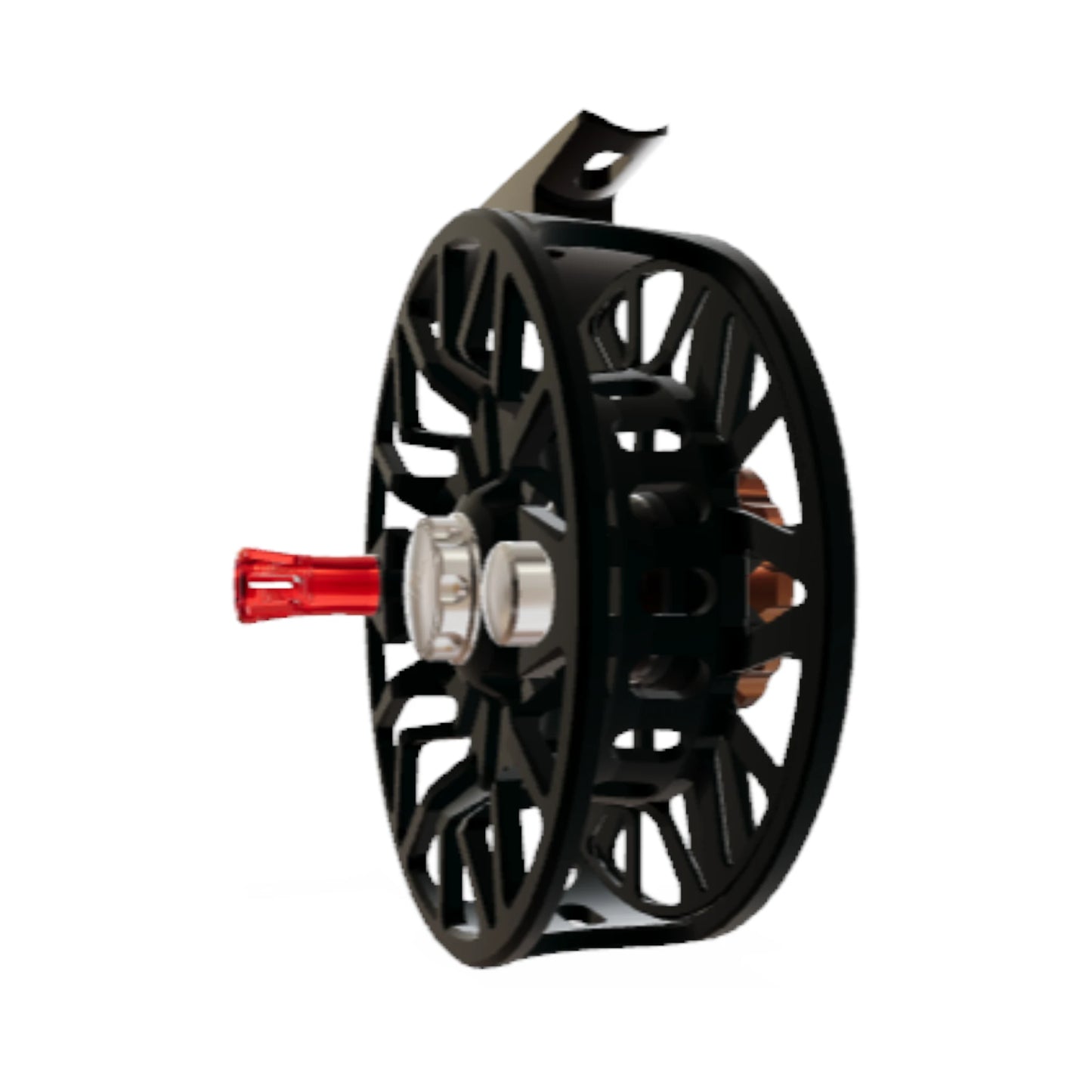 Abel SDS 7/8 weight fly fishing reel with silver and red accents ported satin black frame and redfish drag knob.