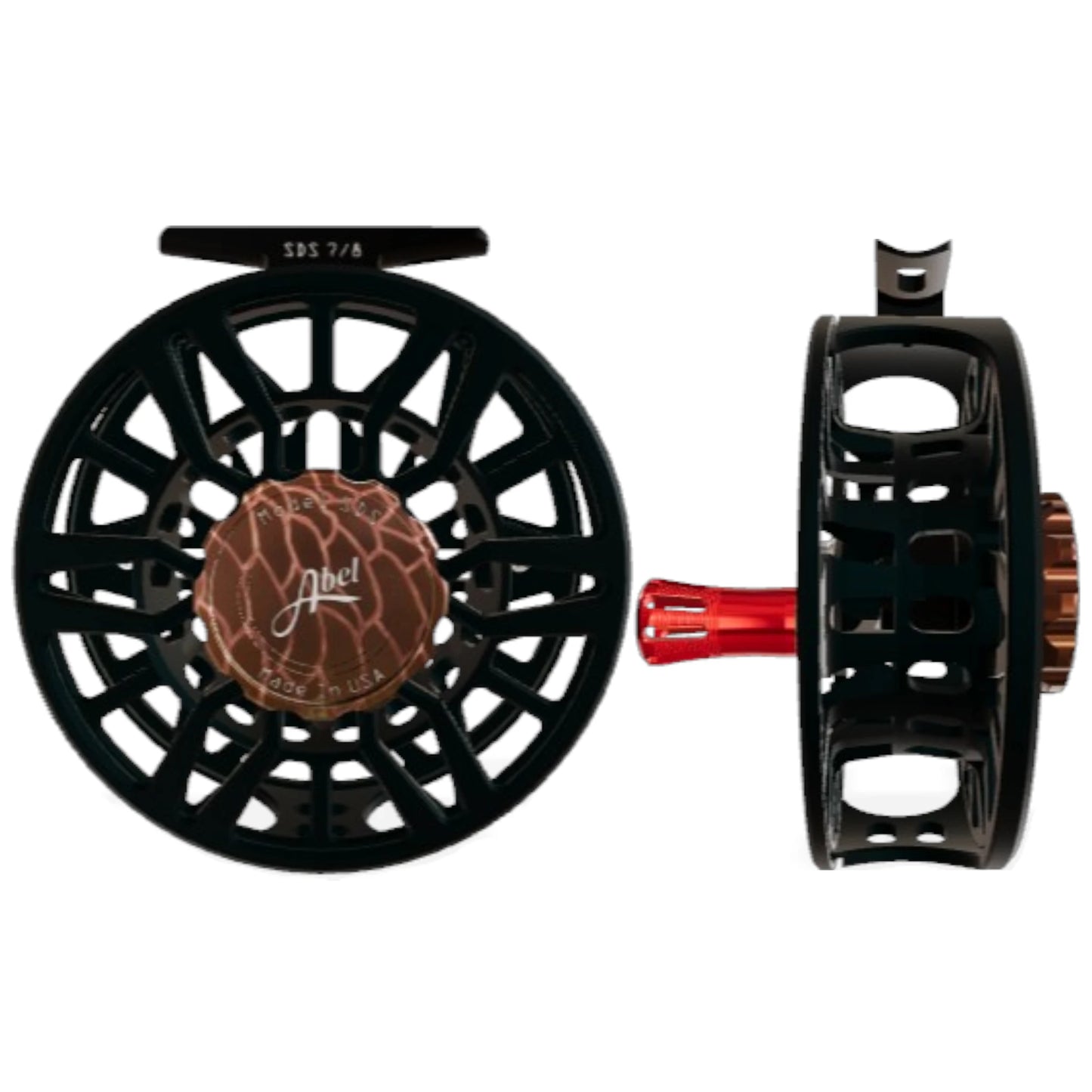 Abel SDS 7/8 weight fly fishing reel with ported satin black frame and redfish drag knob.