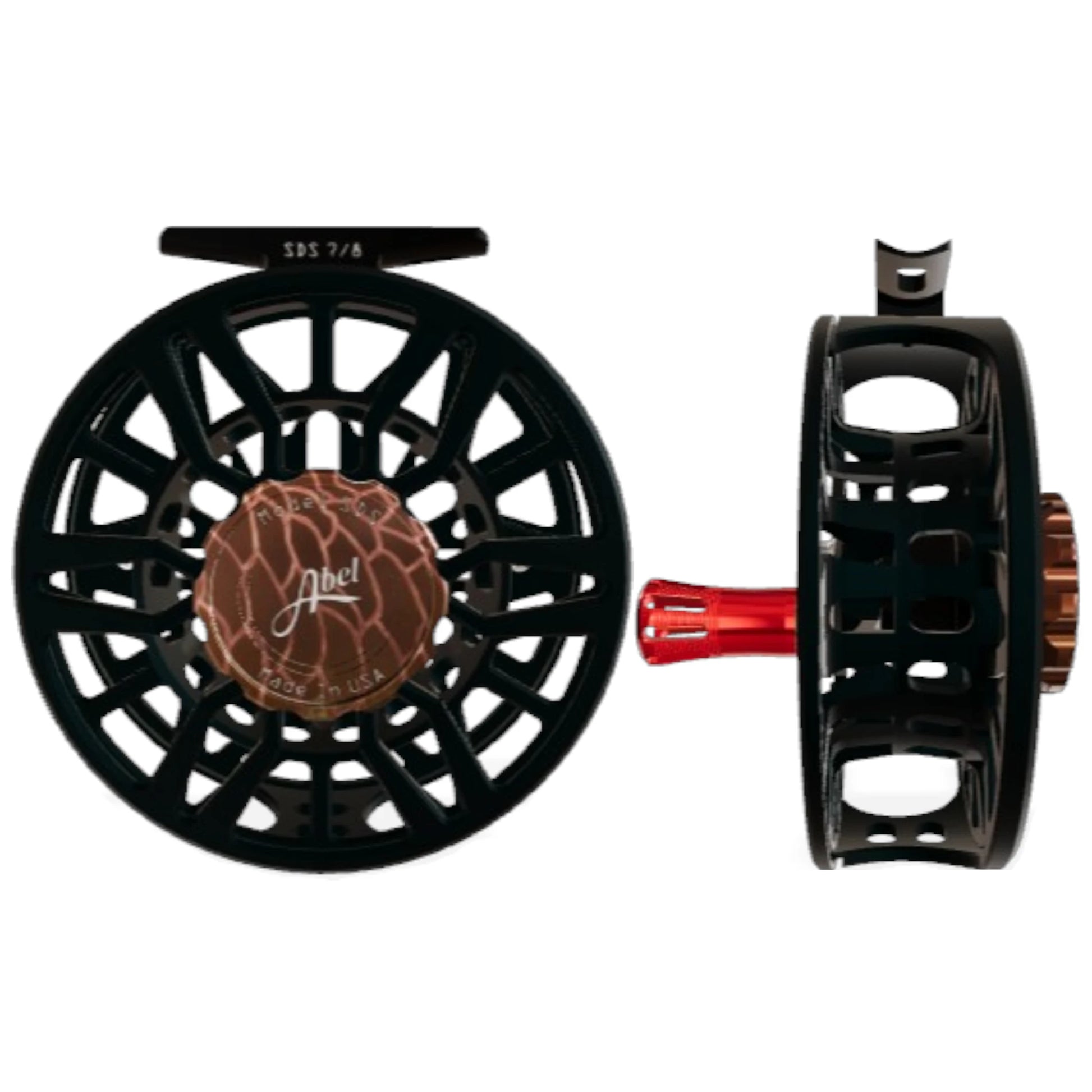 Abel SDS 7/8 weight fly fishing reel with ported satin black frame and redfish drag knob.