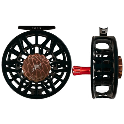 Abel SDS 7/8 weight fly fishing reel with ported satin black frame and redfish drag knob.