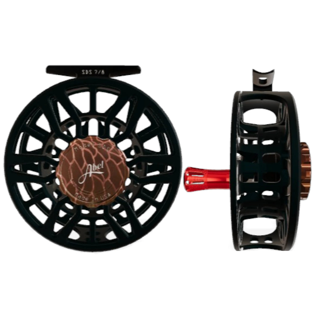 Abel SDS 7/8 weight fly fishing reel with ported satin black frame and redfish drag knob.