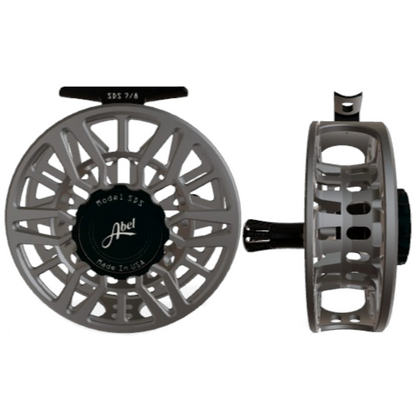 Abel SDS 7/8 weight fly fishing reel with ported satin slate frame and satin black drag knob.