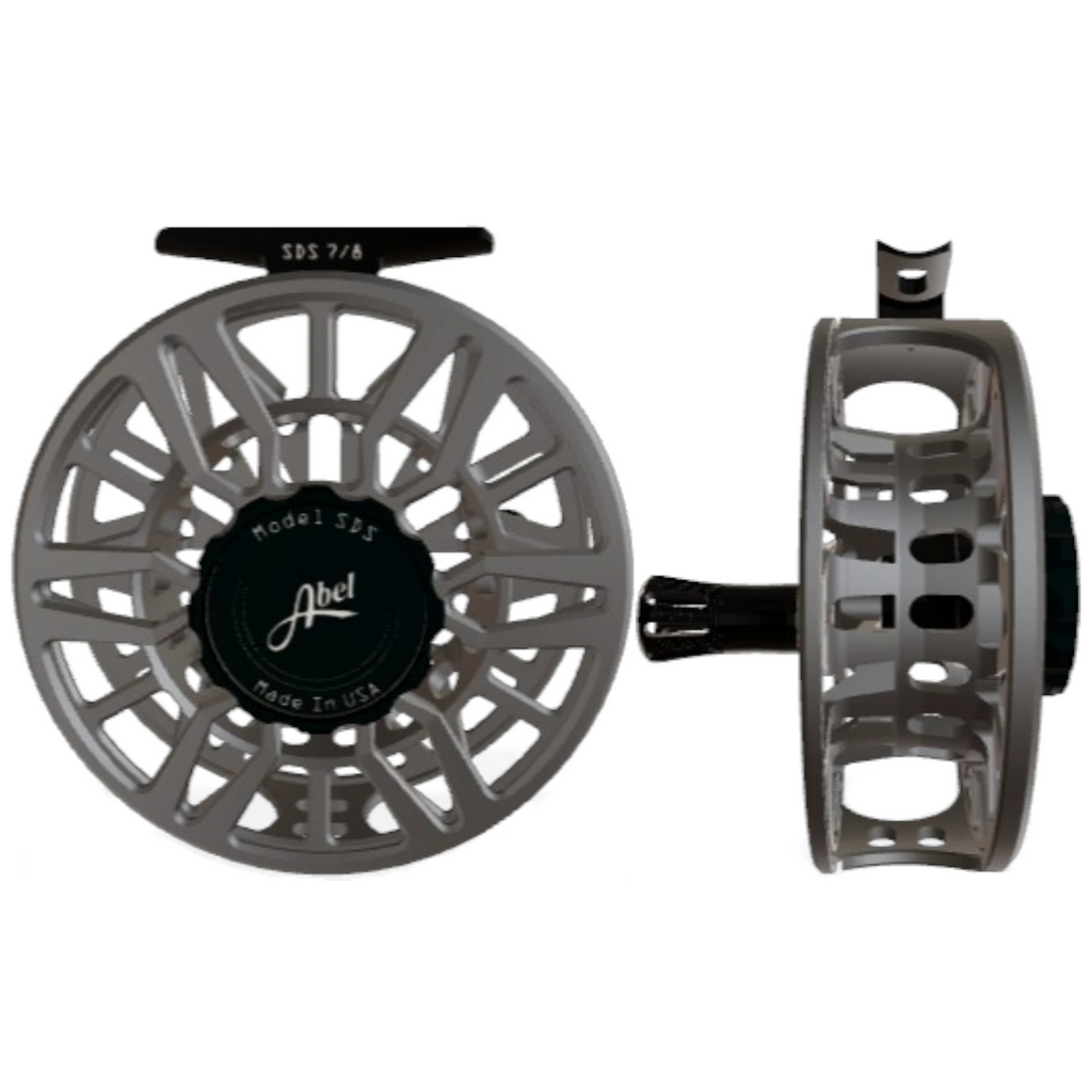Abel SDS 7/8 weight fly fishing reel with ported satin slate frame and satin black drag knob.