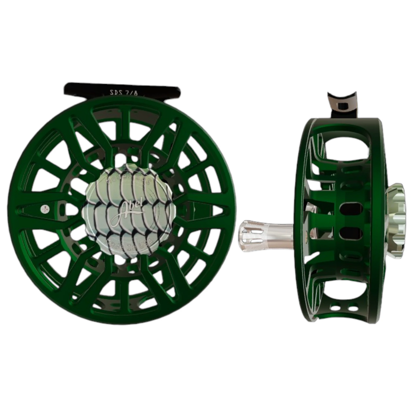 Abel SDS 7/8 weight fly fishing reel with ported satin deep green frame and bonefish drag knob.