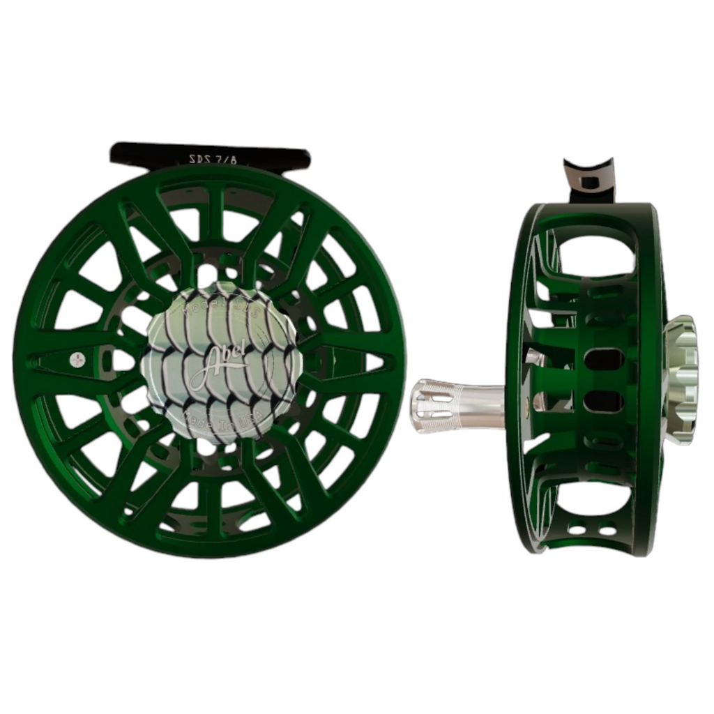 Abel SDS 7/8 weight fly fishing reel with ported satin deep green frame and bonefish drag knob.