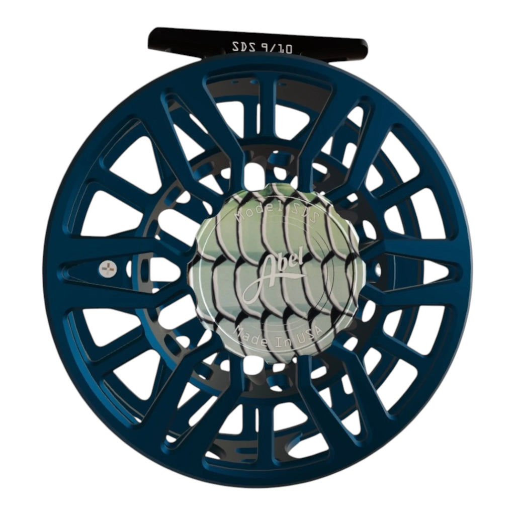 Abel SDS 9/10 weight fly fishing reel with deep blue, aluminum frame and bonefish scale drag knob. 