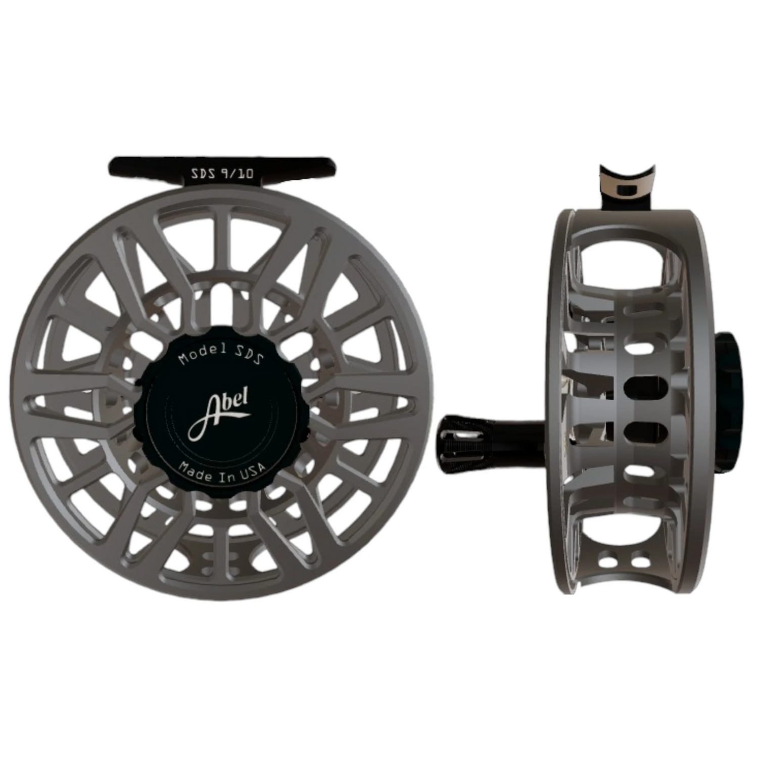 Abel SDS 9/10 weight fly fishing reel with ported satin slate gray frame.