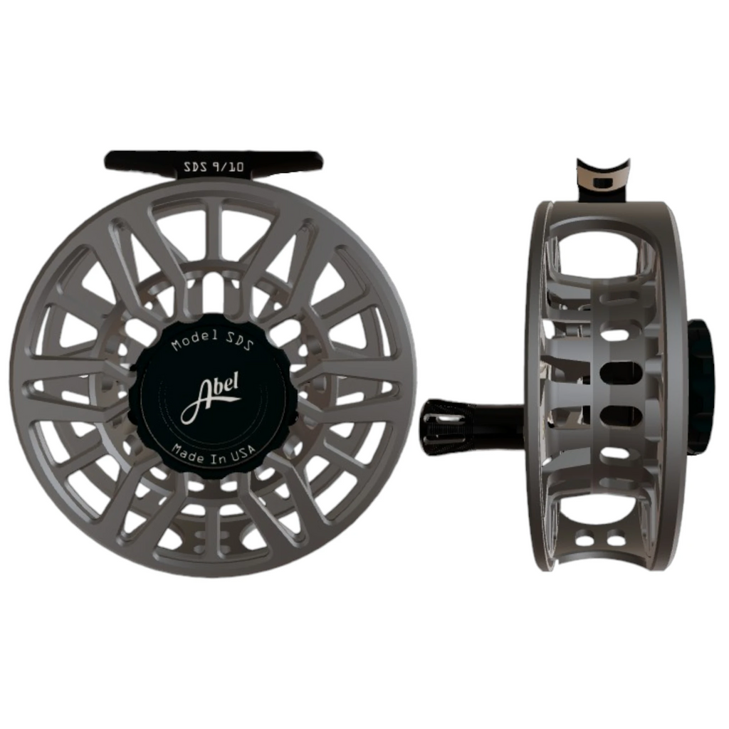 Abel SDS 9/10 weight fly fishing reel with ported satin slate gray frame.