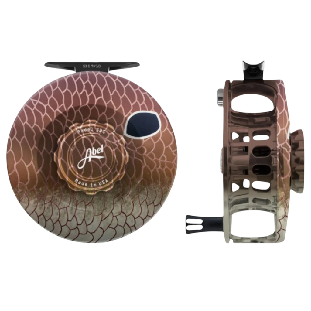 Abel SDS 9/10 weight fly fishing reel with solid redfish patterned frame. 