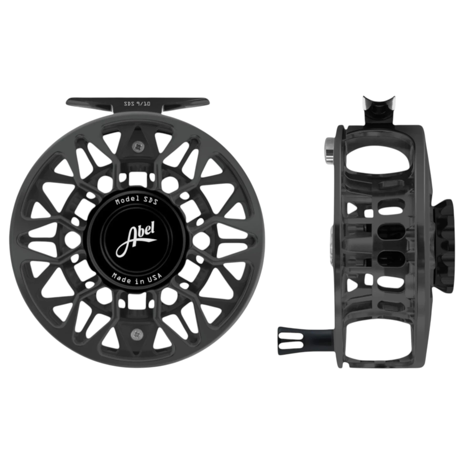 Abel SDS 9/10 weight fly fishing reel with satin slate gray, ported frame and black drag knob.