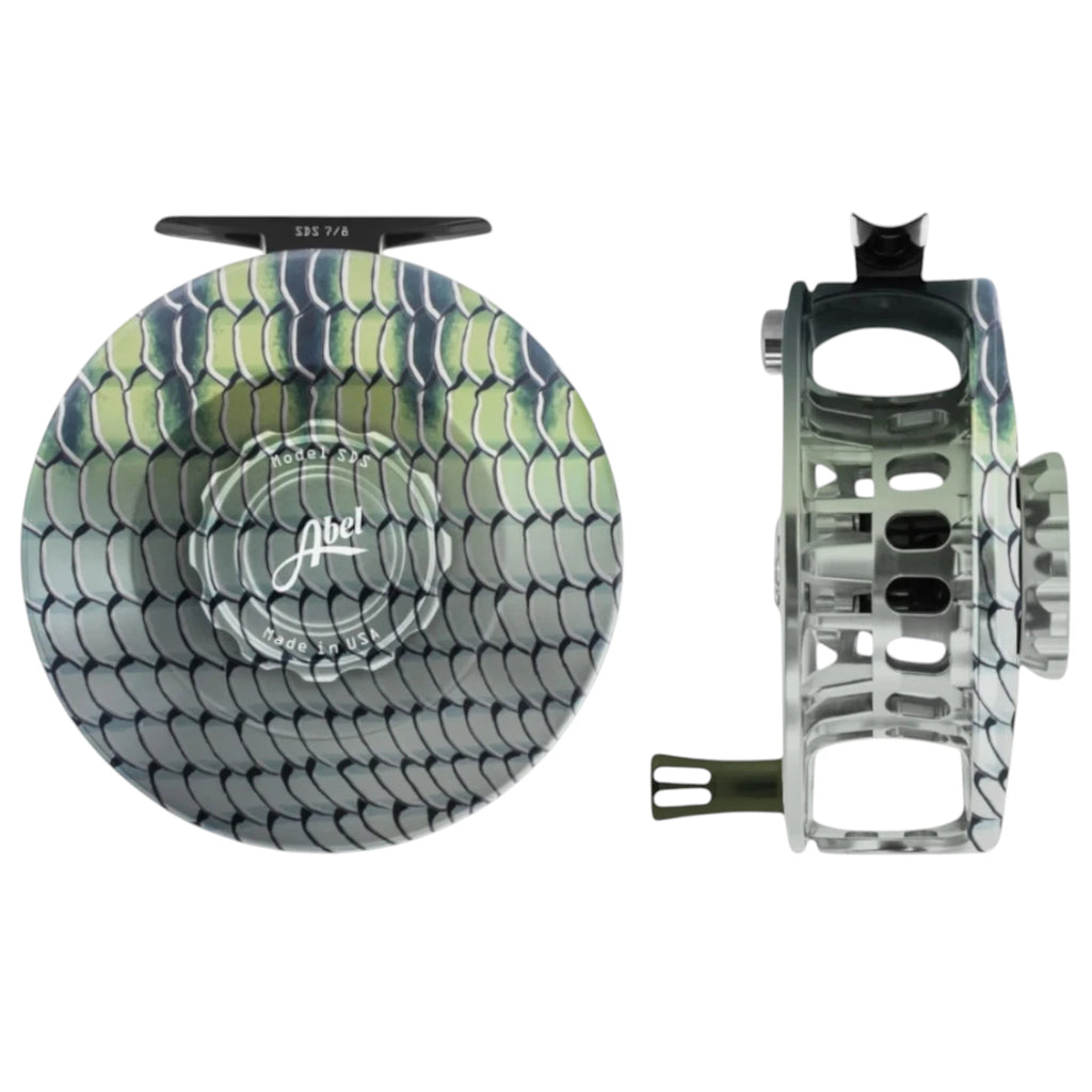 Abel SDS 7/8 weight fly fishing reel solid, bonefish patterned frame and drag knob.