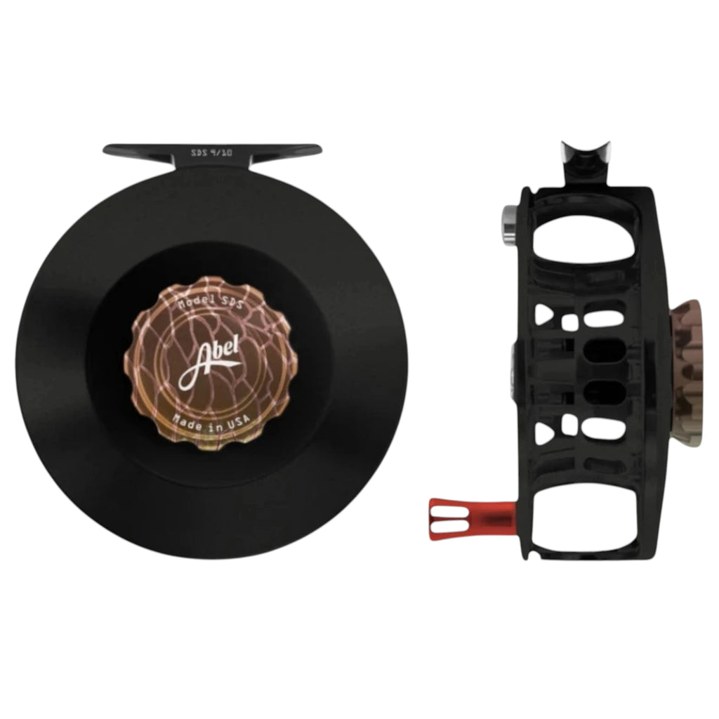 Abel SDS 9/10 weight fly fishing reel satin black, solid frame and redfish drag knob.